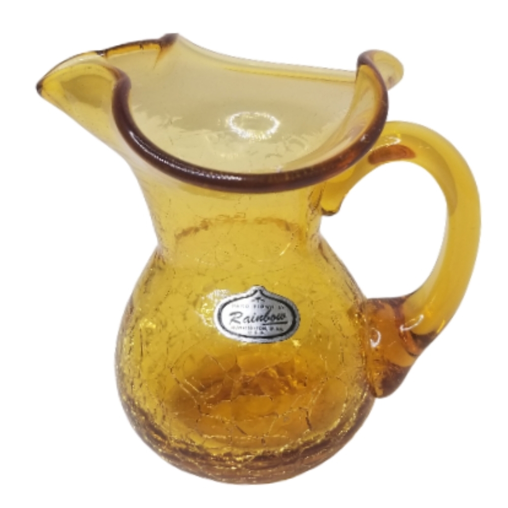 Hand Blown Glass By Rainbow Yellow Gold Crackle Glass Small Cream Pitcher‎ 4oz